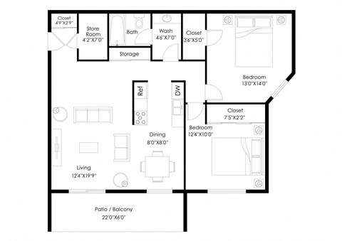 a floor plan of a small house with a bedroom and a living room
